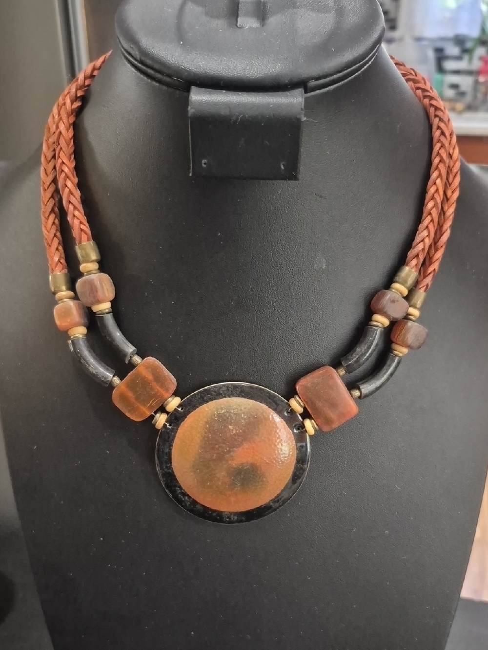 Chico's Double Stranded Braided Bronze Disc Necklace